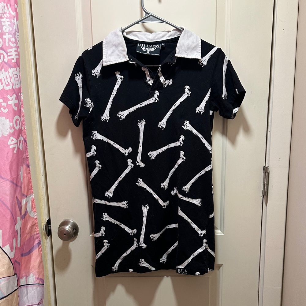Killstar Black and White Bone Pattern Polo